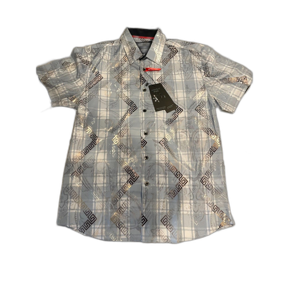 American Breed Men’s M Light Blue Greek Key Plaid Stretch Shirt NWT